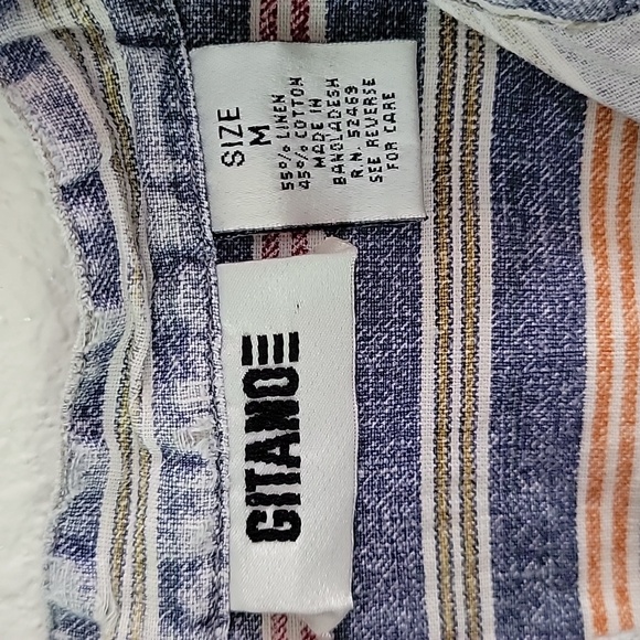 Vintage Linen Cotton Collarless Striped Long Sleeve Gitano Mens Button Up Shirt - Picture 4 of 5